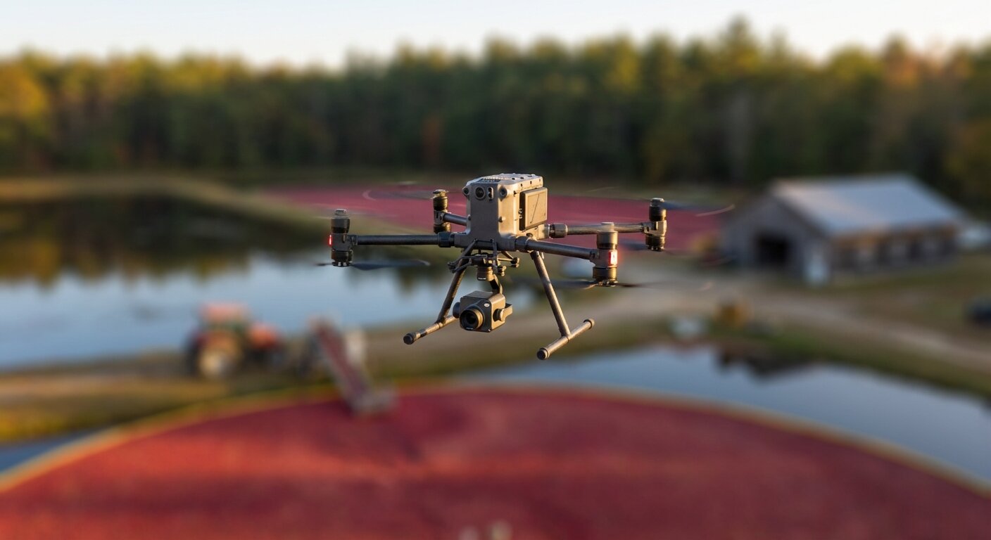 Drone flying over cranberry marsh